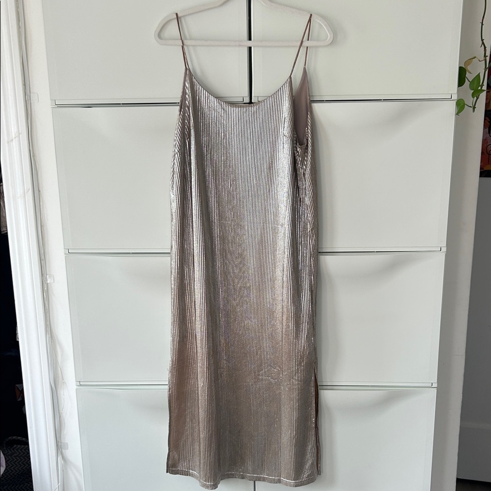 Kimchi Blue Gold Accordion Pleat Midi Slip Dress